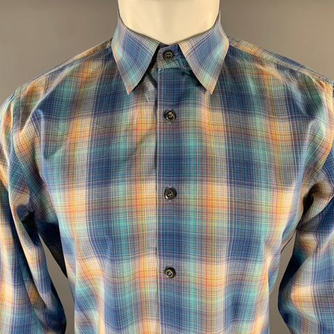 PRADA Size M Blue Yellow Plaid Cutaway Long Sleeve Shirt