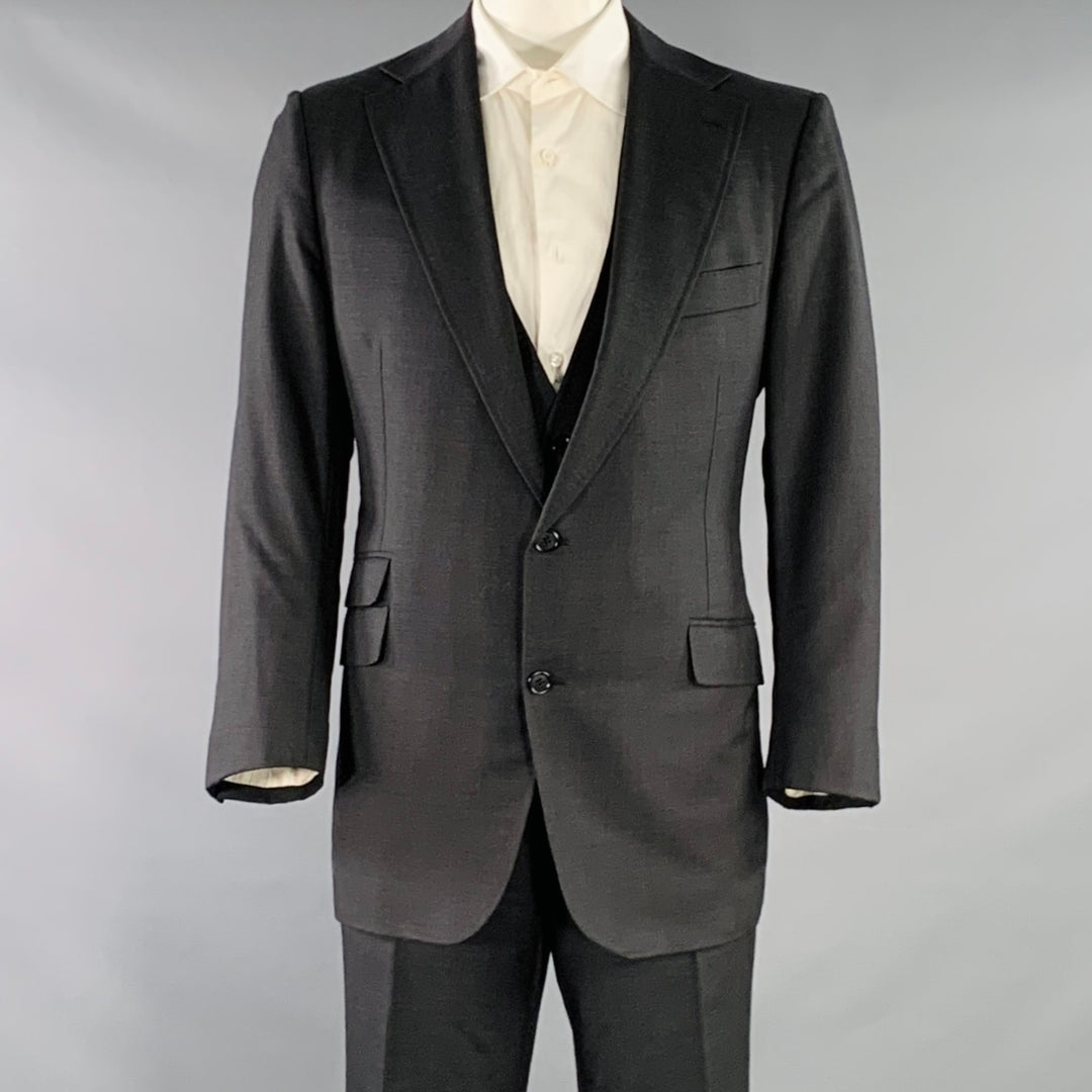 ASTOR & BLACK Size 44 Black Twill Single Breasted Notch Lapel 3 Piece Suit