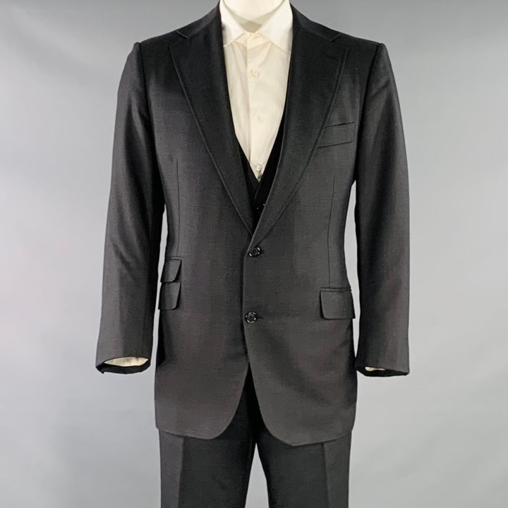 ASTOR & BLACK Size 44 Black Twill Single Breasted Notch Lapel 3 Piece Suit