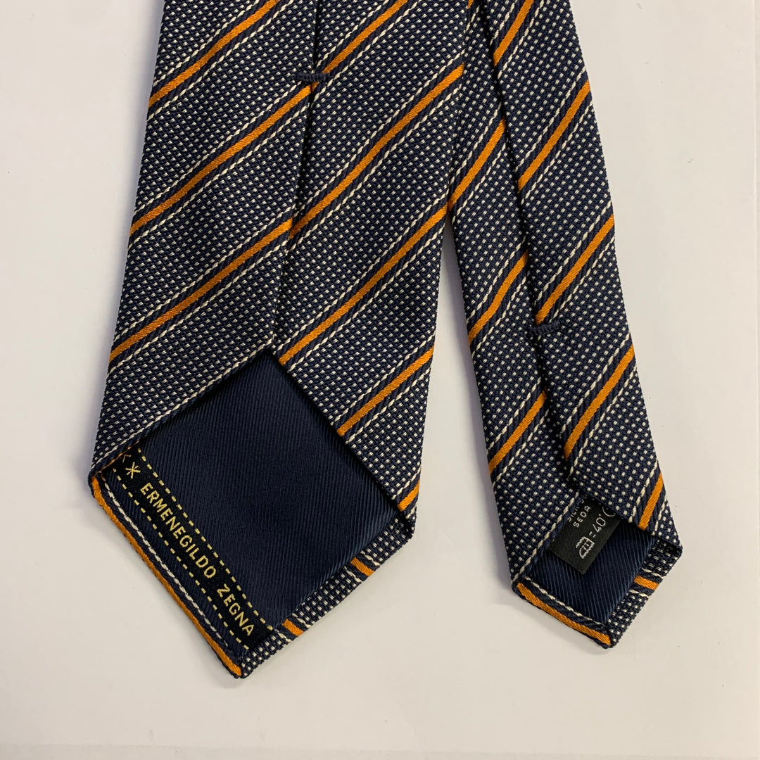 ERMENEGILDO ZEGNA Navy Orange Diagonal Stripe Silk Tie