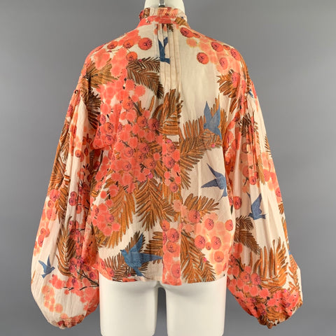 THIERRY COLSON Size M White Peach Cotton Floral Blouse