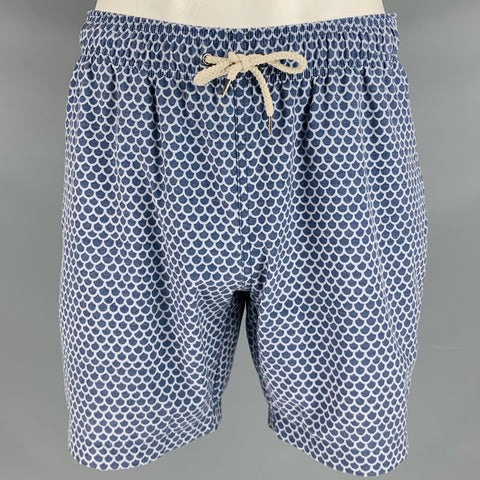 FAHERTY Size L Blue Light Blue Fish Scale Polyester Blend Drawstring Swim Trunks