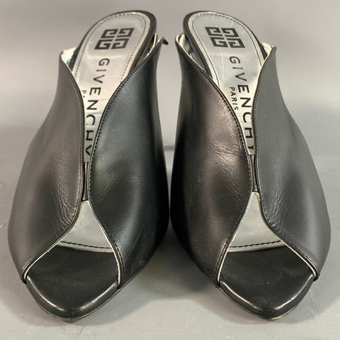 GIVENCHY Size 10 Black Silver Leather Mules Pumps