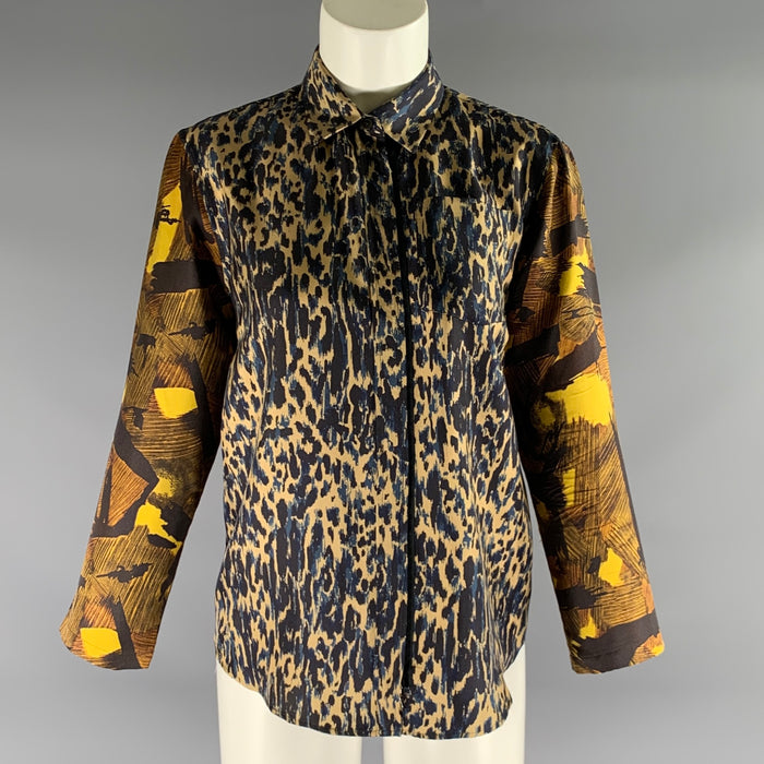 DRIES VAN NOTEN Size S Tan & Black Navy Silk Animal Blouse
