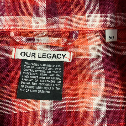 OUR LEGACY Size M Red White Plaid Linen One Pocket Short Sleeve Shirt