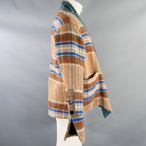 GREG LAUREN Size M Brown Blue Plaid Wool Cotton Shawl Collar Jacket
