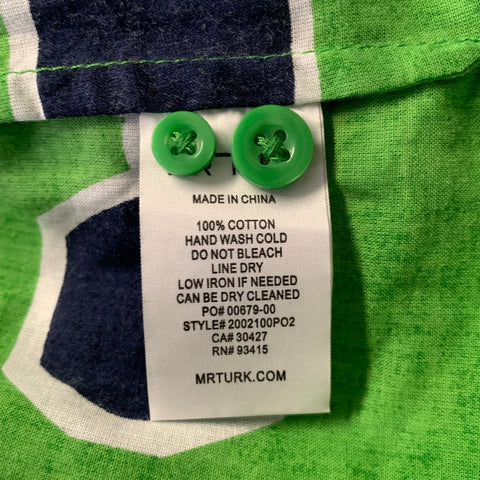 MR TURK Size XL Green Navy White Graphic Cotton Camp Short Sleeve Shirt