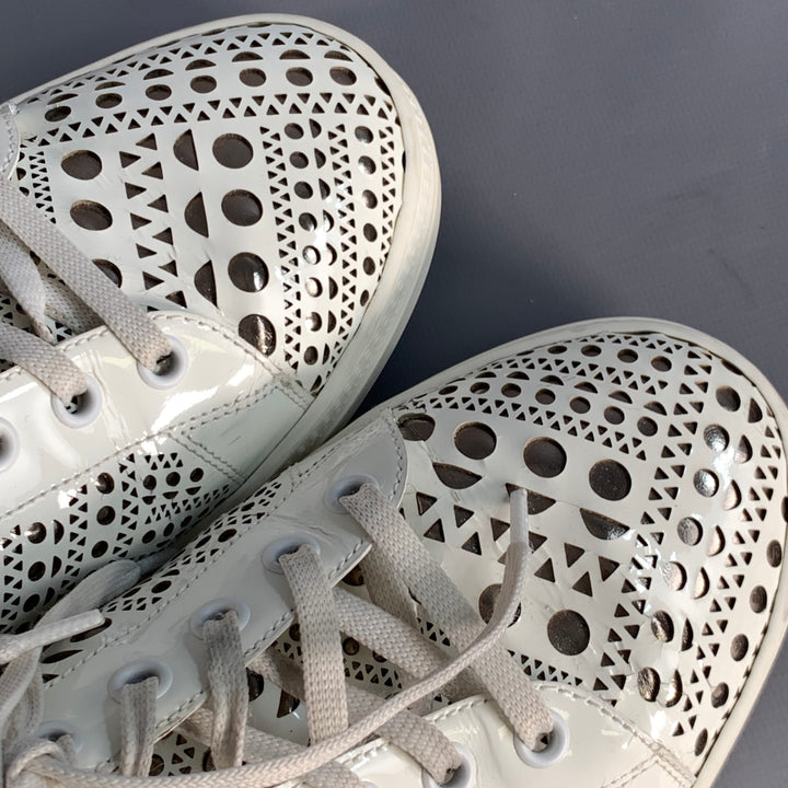 ALAIA Size 9 White Silver Perforated Patent Leather Low Top Sneakers