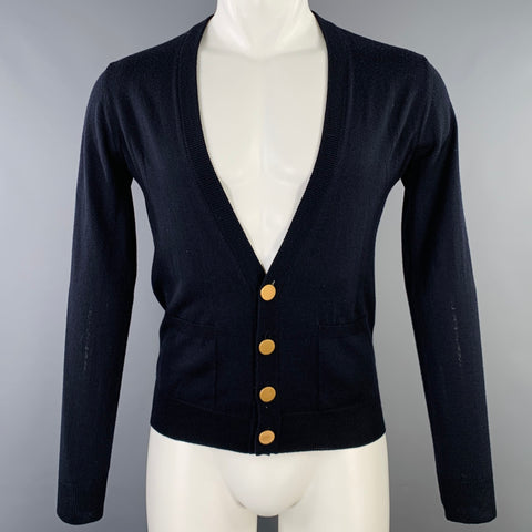 PRADA Size 38 Navy Knit Gold Buttons V-Neck Cardigan