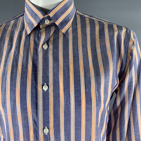 BRIONI Size L Blue Orange White Stripe Linen Long Sleeve Shirt