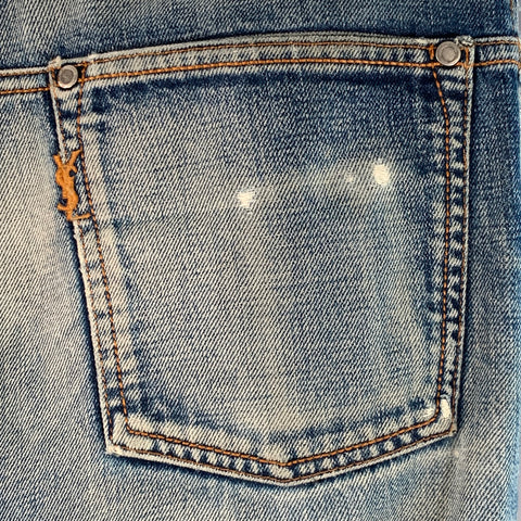 YVES SAINT LAURENT Size 32 Blue Distressed Cotton Slim Straight Button Fly Jeans