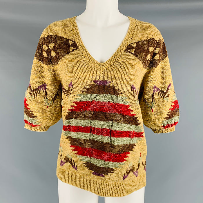 RALPH LAUREN Size L Multi-Color Linen Blend Knitted V-Neck Casual Top