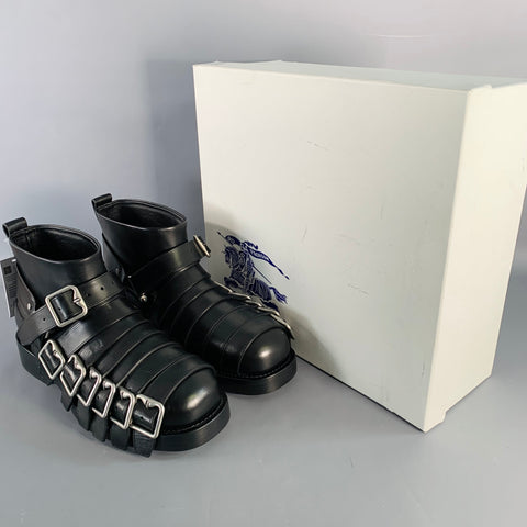 BURBERRY Size 11 Black Leather Pull On Belted Boots