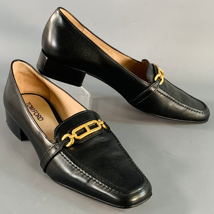 TOM FORD Size 7 Black Gold Leather Chain Slip On Loafers Flats