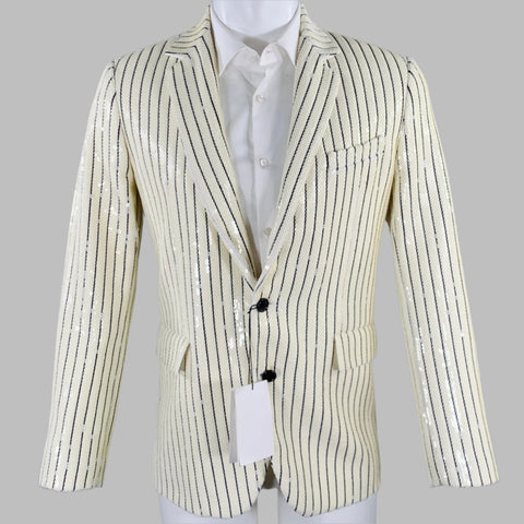 CELINE Size 36 Beige Black Sequined Polyester Notch Lapel Sport Coat