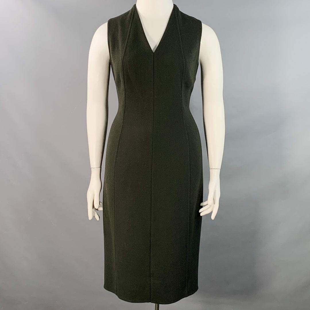 AKRIS Size 12 Dark Green Wool Crepe Sleeveless V-Neck Midi Dress