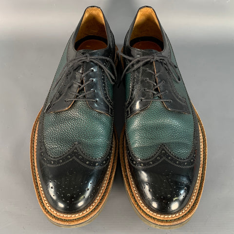 PAUL SMITH Size 10 Black Green Perforated Pebble Grain Leather Wingtip Lace-Up Shoes