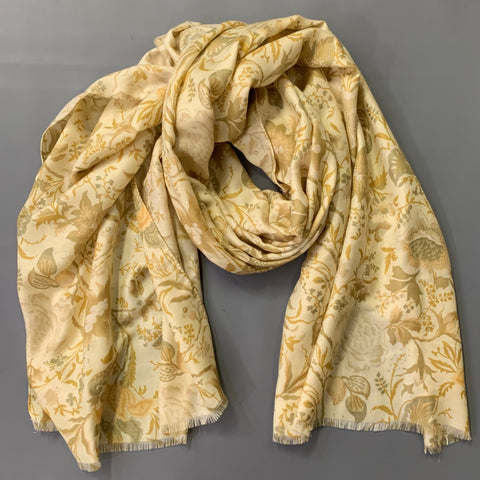 Écharpe Châle Frangée en Twill Fleuri Beige et Vert VINTAGE
