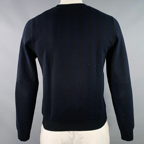 SANDRO Size L Navy Black Stripe Merino Wool Crew Neck Pullover