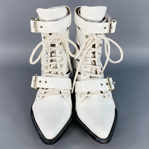 CHLOE Size 8 White Leather Lace-Up Belted Pointed Toe Ankle Boots