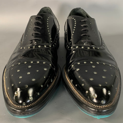 JOHN RICHMOND Size 11 Black Rhinestone Patent Leather Cap Toe Lace Up Shoes