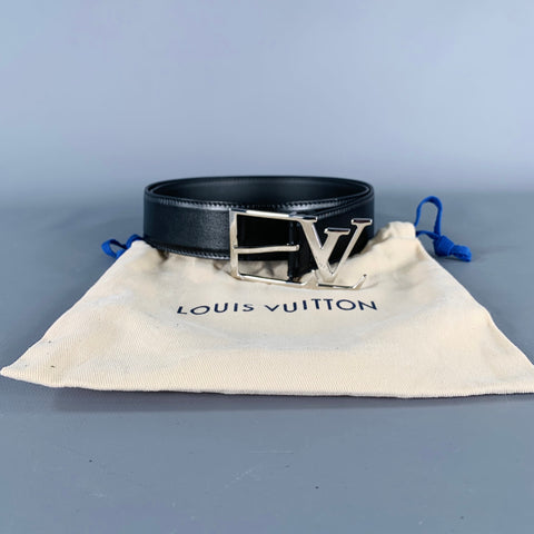 LOUIS VUITTON Size 38 Black Silver LV Monogram Leather Belt