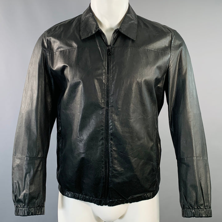 PRADA Size M Black Leather Zip Up Bomber Jacket