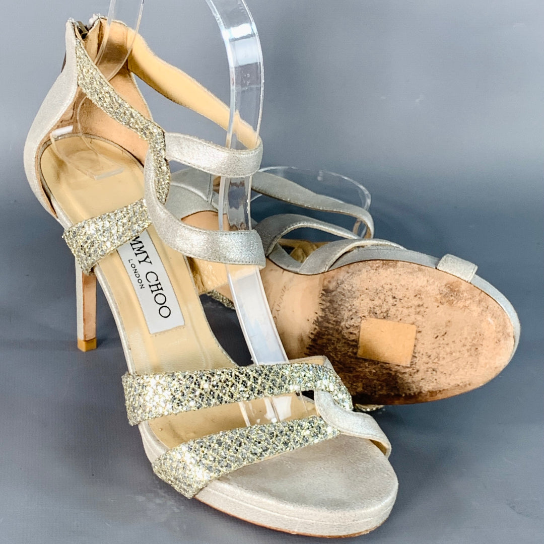 JIMMY CHOO Size 6.5 Grey Silver Glittery Leather Platform Stiletto Sandals