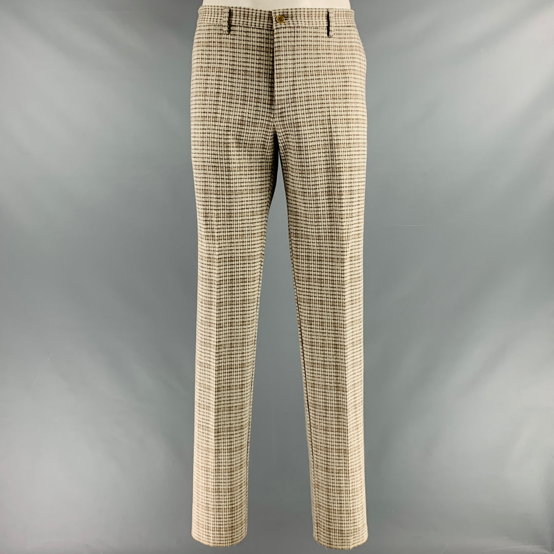 ETRO Size 38 Grey Taupe Houndstooth Cotton Wool Flat Front Dress Pants