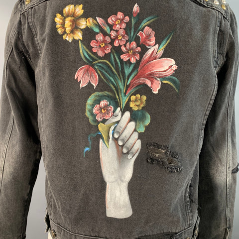 GUCCI Size M Hollywood Grey Painted Cotton Distressed Studded Denim Jacket