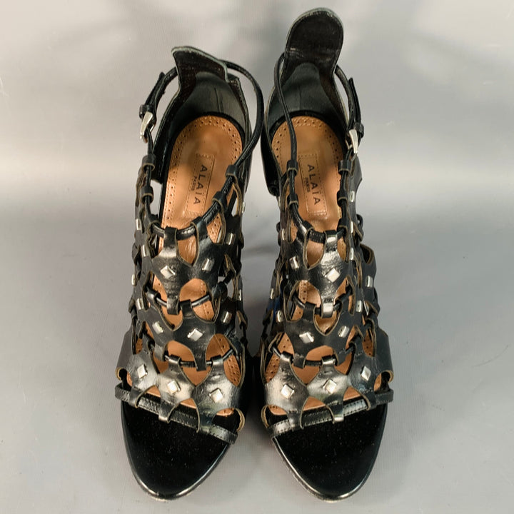 ALAIA Size 8.5 Black Leather Studded Stiletto Cage Pumps