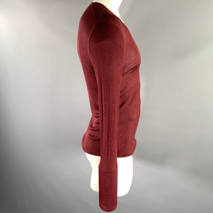 GUCCI Size XL Burgundy Ribbed Knit Silk V-Neck Pullover