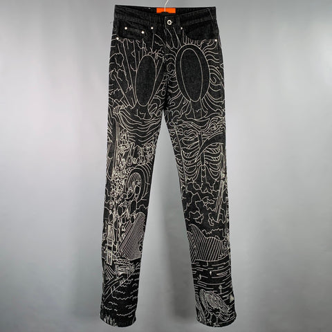 WHO DECIDES WAR Size 26 Duality Indigo White Embroidery Cotton Straight Jeans