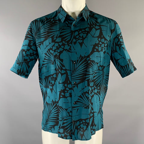 SAINT LAURENT Size S Turquoise Black Abstract Floral Silk Short Sleeve Shirt