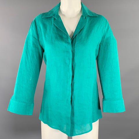 GIORGIO ARMANI Size 8 Teal Linen 3/4 Sleeves Shirt