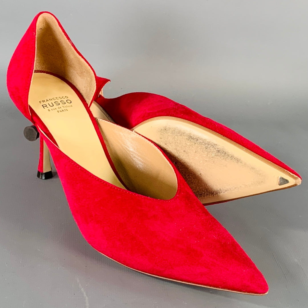 FRANCESCO RUSSO Size 7 Red Suede Pointed Toe D'Orsay Pumps