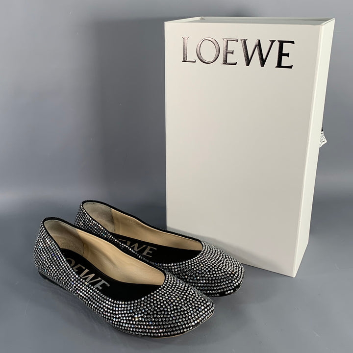 LOEWE Size 11 Silver Black Rhinestone Studded Ballet Flats