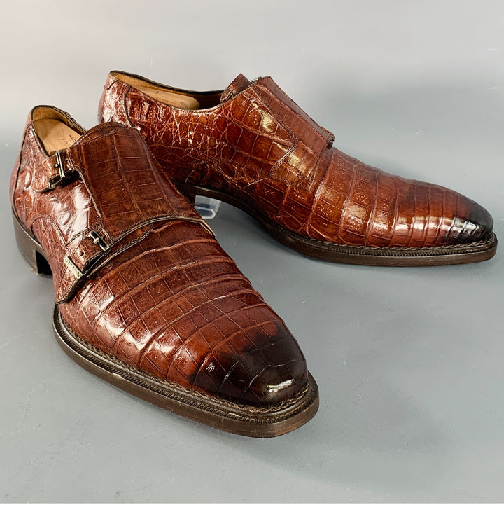 MEZLAN Size 11 Brown Crocodile Leather Double Monk Strap Loafers