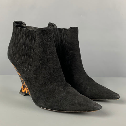 CHRISTIAN DIOR Talla 7.5 Botas de cuña con estampado animal de ante de carey negro