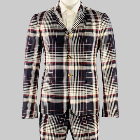 THOM BROWNE Size 42 Navy White Red Plaid Wool Mohair Silk Suit