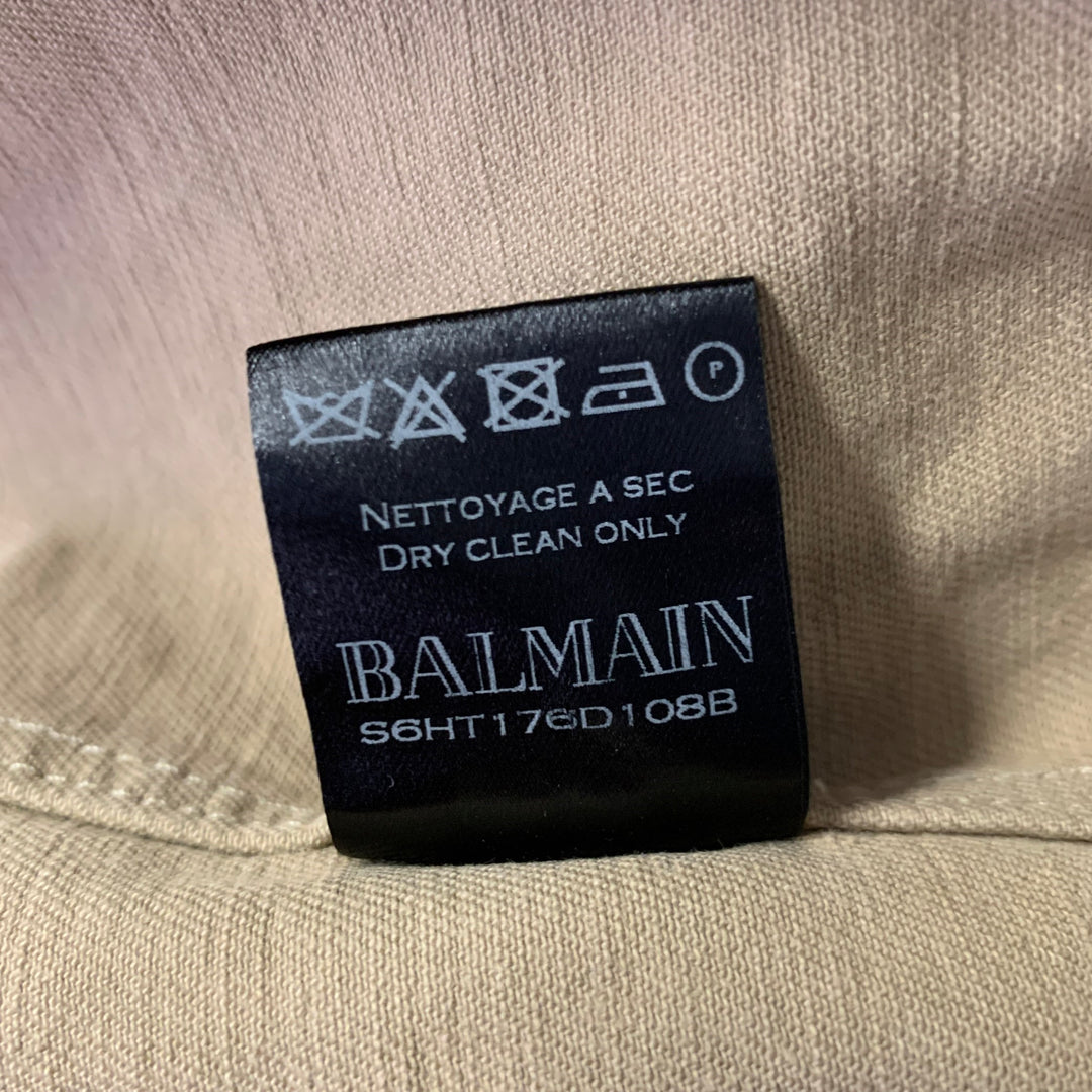 BALMAIN Size XL Khaki Arm Patch Cotton Band Collar Jacket