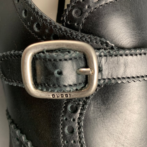 GUCCI Size 11.5 Black Wingtip Leather Double Monk Strap Loafers