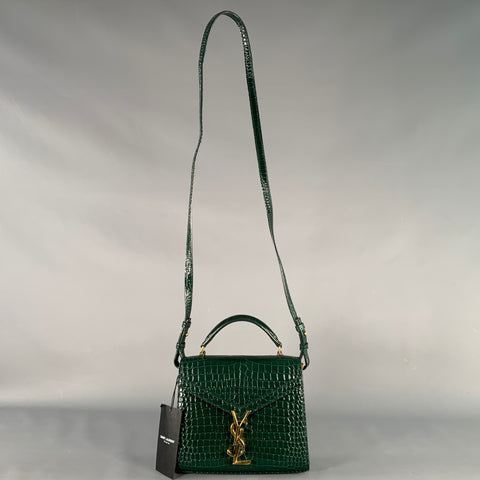 SAINT LAURENT Cassandra Green Gold Croc Embossed Leather Cross Body Mini Handbag