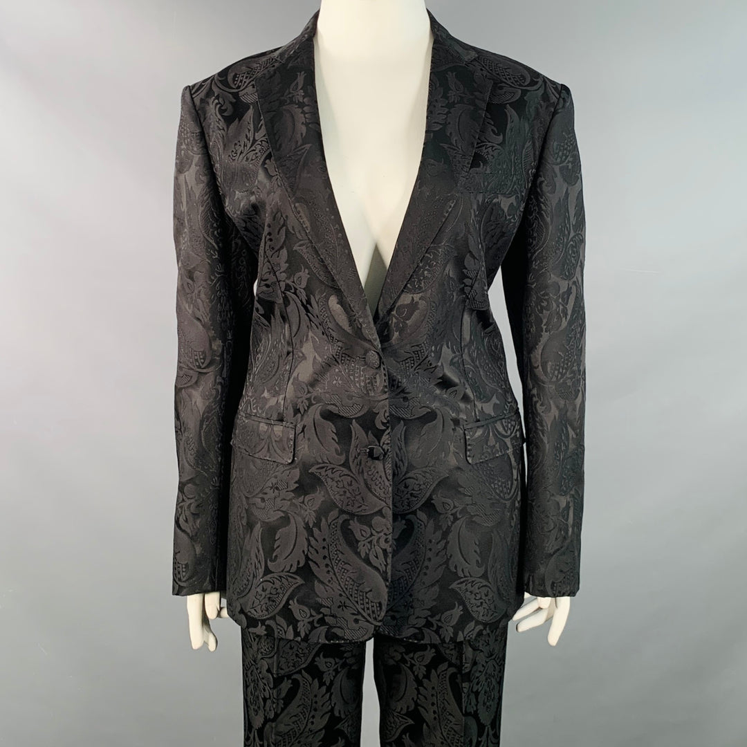 ETRO Size L Black Brocade Jacquard Flat Front Notch Lapel Pantsuit