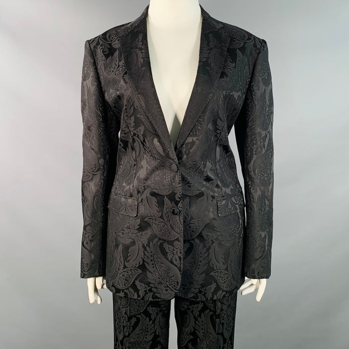 ETRO Size L Black Brocade Jacquard Flat Front Notch Lapel Pantsuit