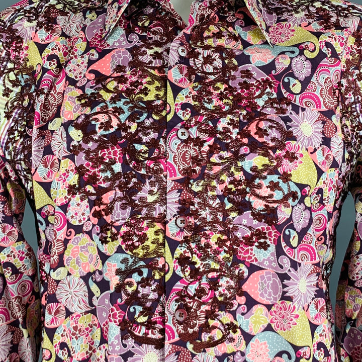 ROBERT GRAHAM Talla XL Camisa de manga larga de algodón con estampado multicolor morado