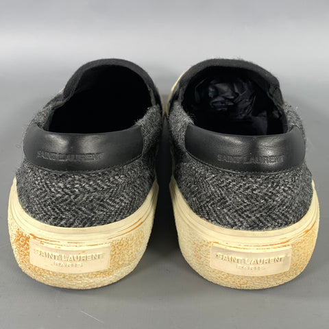 SAINT LAURENT Size 9 Grey Black Herringbone Wool Slip On Sneakers