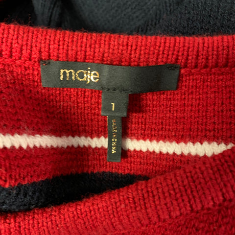 MAJE Size S Navy Red Wool Blend Stripe Crew-Neck Sweater