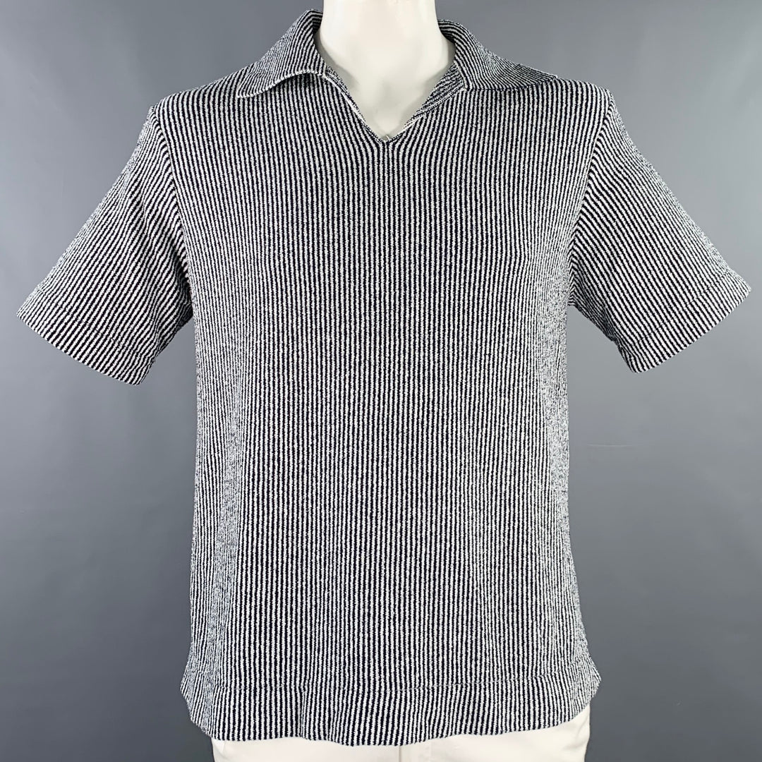 TODD SNYDER Size L Black White Stripe Cotton Blend Open Collar Polo