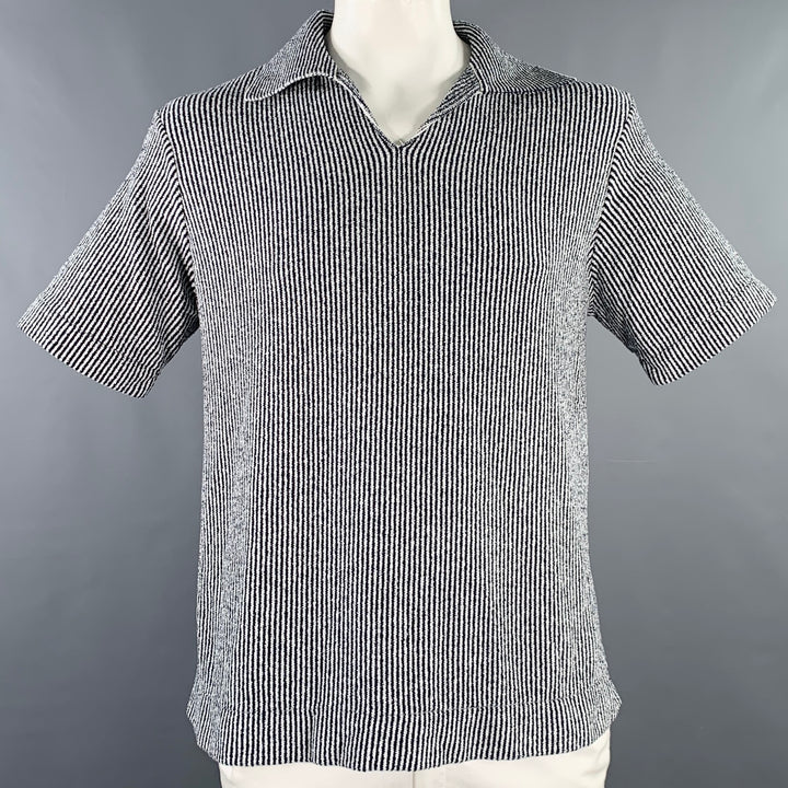 TODD SNYDER Size L Black White Stripe Cotton Blend Open Collar Polo
